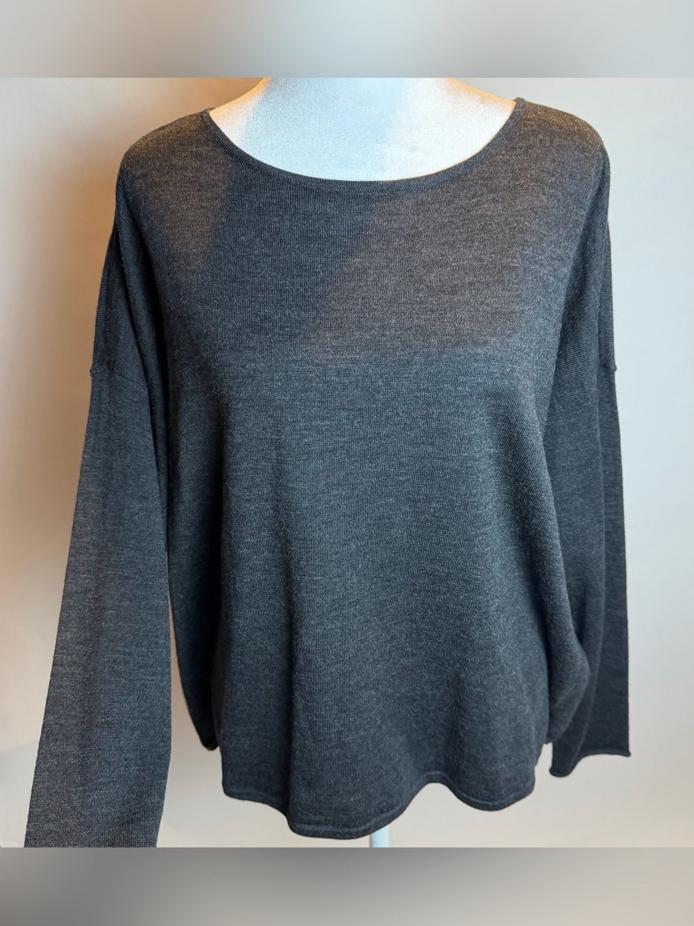 Eileen Fisher 100% Merino Wool Charcoal Scoop Neck Lightweight Knit Sweater